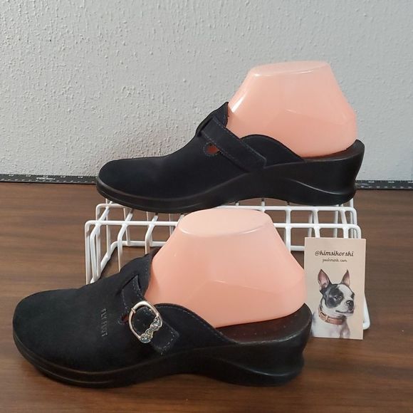 Fly Flot Black Suede Leather Silver & Blue Glitter Buckle Clogs Size EUR 40 US 8 - Picture 1 of 7